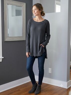 We The Free Waffle Knit Draped Neck Lightweight Side Slit Blue Flowy Boho Top L